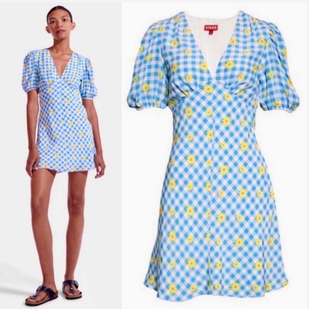STAUD Milla Print Minidress in
Gingham Daisy Plaid blue
Size 10 NWT - Picture 2 of 6